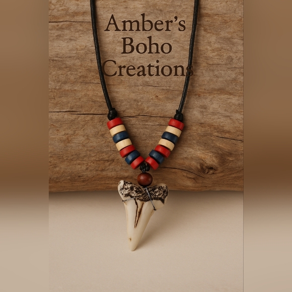 “Shark Tooth Tribal Necklace — Surf Boho Handmade Jewelry" - Picture 3 of 6